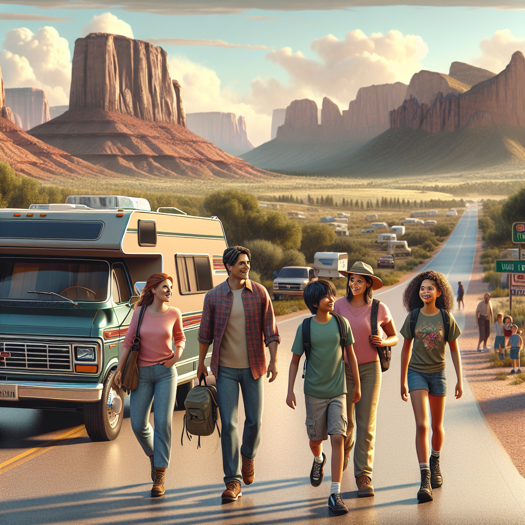 Group of five friends walking along a highway beside a vintage camper in a desert canyon landscape with large rock formations behind them
