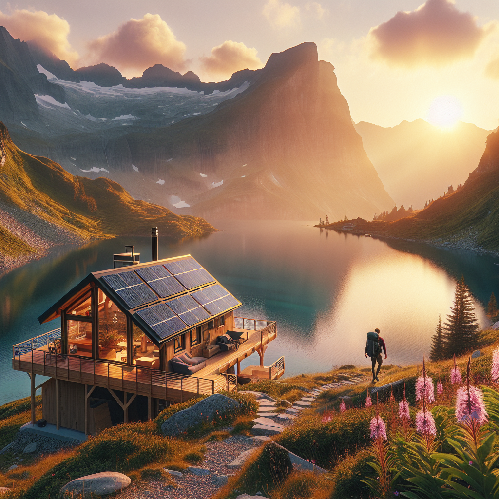 Wooden cabin with solar panels by a mountain lake at sunset; a hiker walks along a grassy path toward the water.