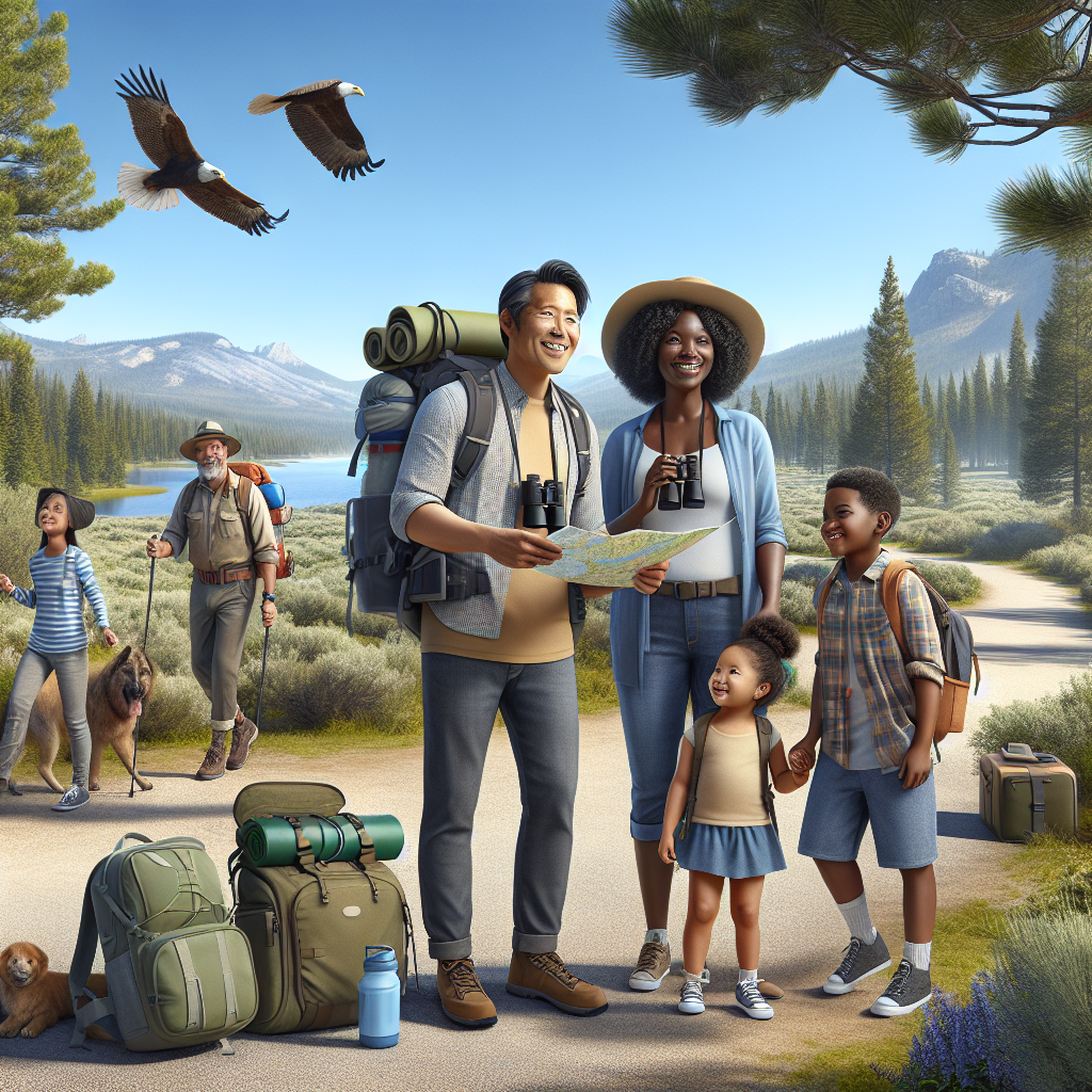 A diverse family of hikers standing on a mountain trail with backpacks, map, and kids, ready for a hike as birds fly overhead.