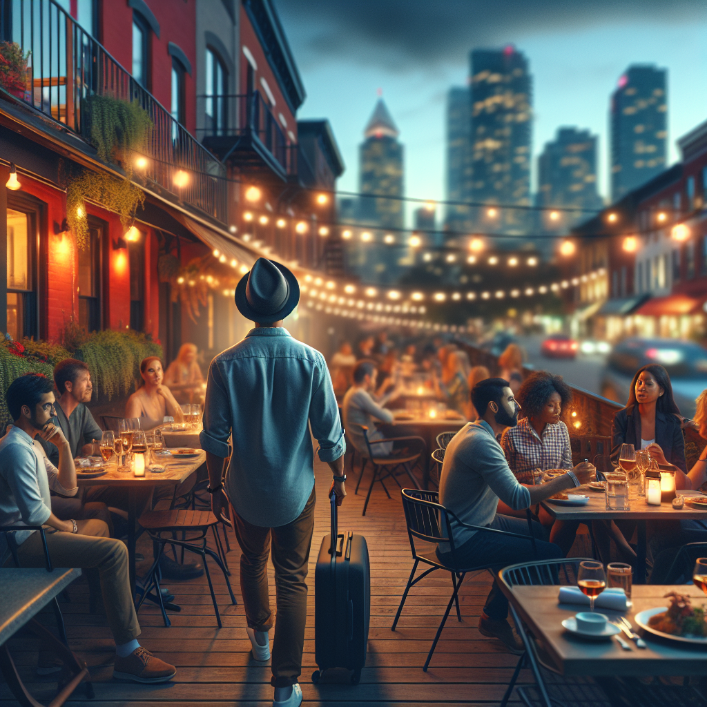Person wearing a hat pulls a suitcase along a lively outdoor restaurant street at night, string lights overhead and city skyline in the distance.